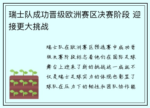 瑞士队成功晋级欧洲赛区决赛阶段 迎接更大挑战