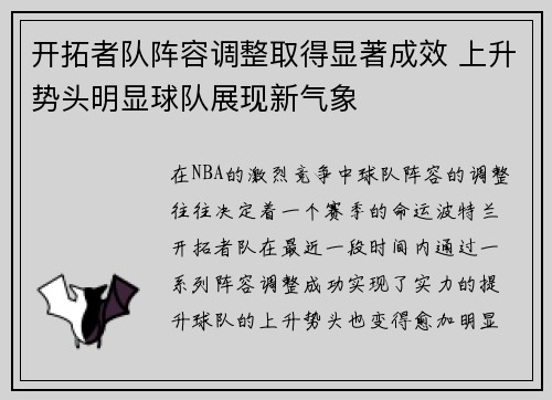 开拓者队阵容调整取得显著成效 上升势头明显球队展现新气象