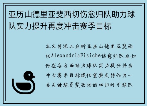 亚历山德里亚斐西切伤愈归队助力球队实力提升再度冲击赛季目标