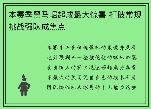 本赛季黑马崛起成最大惊喜 打破常规挑战强队成焦点